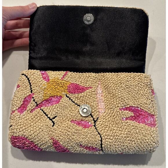 Floral Sequin Rafia Evening Clutch Purse Wedding Prom Vintage Inspired Boho - Picture 5 of 9